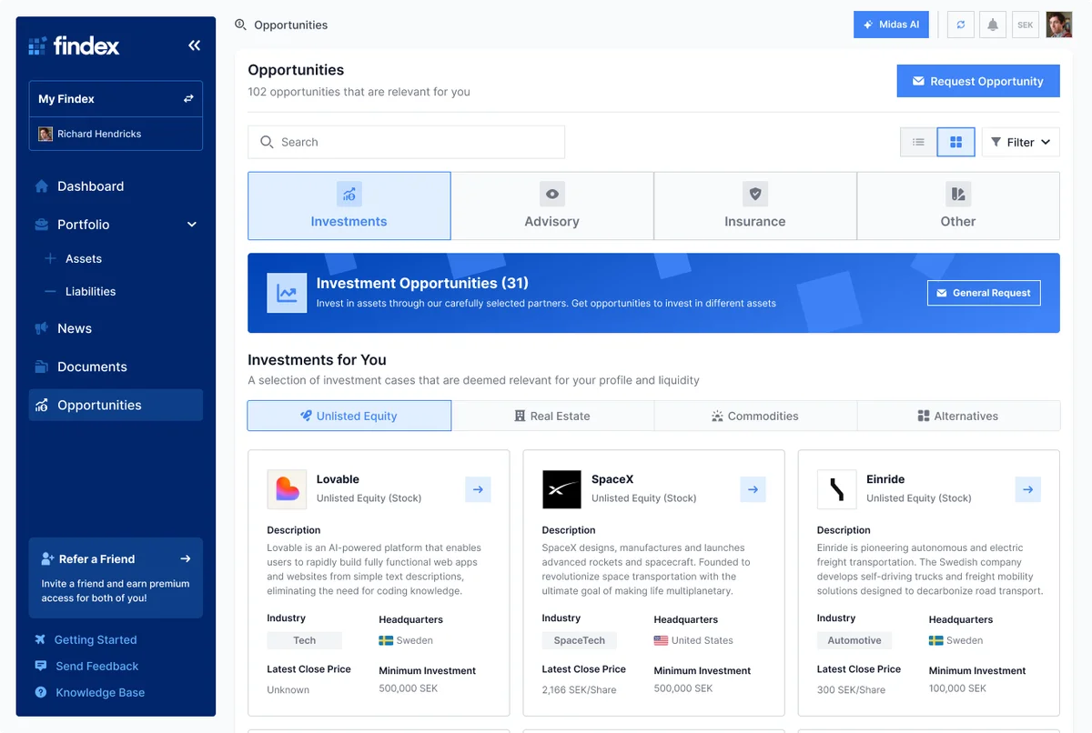 Findex capital opportunities marketplace showing investment deals and funding rounds